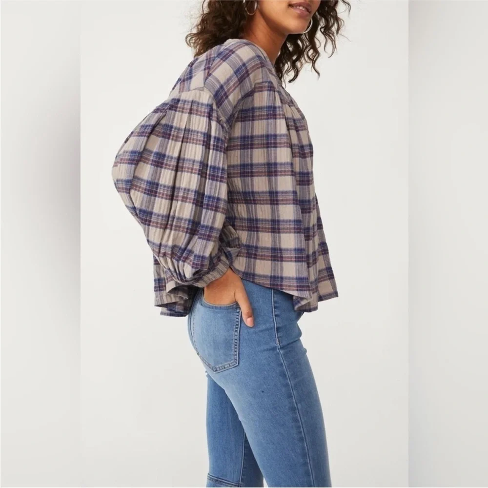Free People Jessi Plaid Prairie Cottagecore Boho Top in Grey Combo Size Medium
